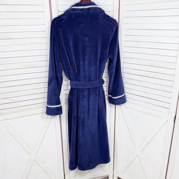 Victorias Secret Logo Ribbon Trim Fleece Bathrobe Robe Blue Small - Picture 9 of 12